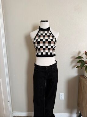 debut Black, White & Tan Checker Halter Crop Top